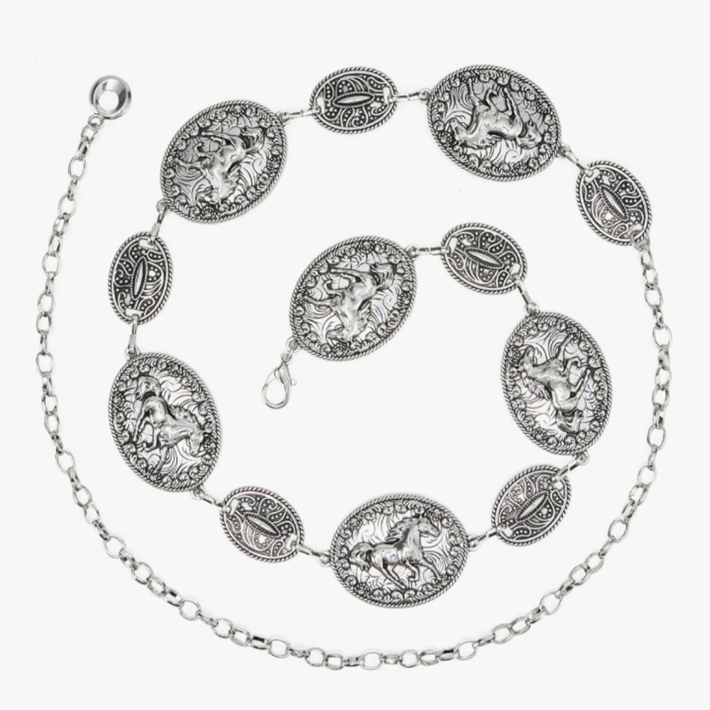 Southwestern Concho Belt Horse Theme Cowgirl Country Silver Tone